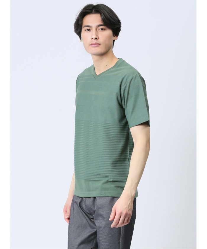 タカキュー TAKA-Q リンクスパネルボーダー Vネック半袖Tシャツ メンズ Tシャツ カットソー カジュアル インナー トップス ギフト プレゼント （緑） 緑