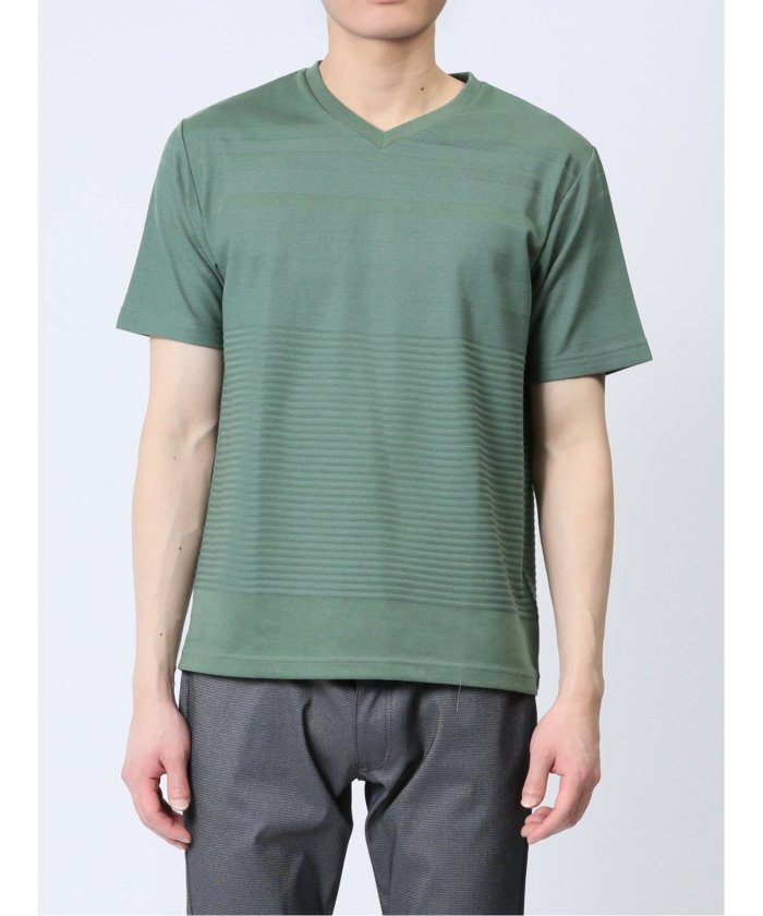 タカキュー TAKA-Q リンクスパネルボーダー Vネック半袖Tシャツ メンズ Tシャツ カットソー カジュアル インナー トップス ギフト プレゼント （緑） 緑