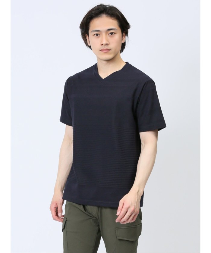リンクスパネルボーダー Vネック半袖Tシャツ メンズ Tシャツ カットソー カジュアル インナー トップス ギフト プレゼント （アイボリー） 紺
