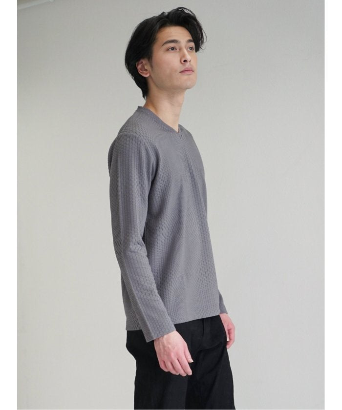 タカキュー TAKA-Q ブロックジャガード Vネック長袖Tシャツ メンズ Tシャツ カットソー カジュアル インナー ビジネス ギフト プレゼント