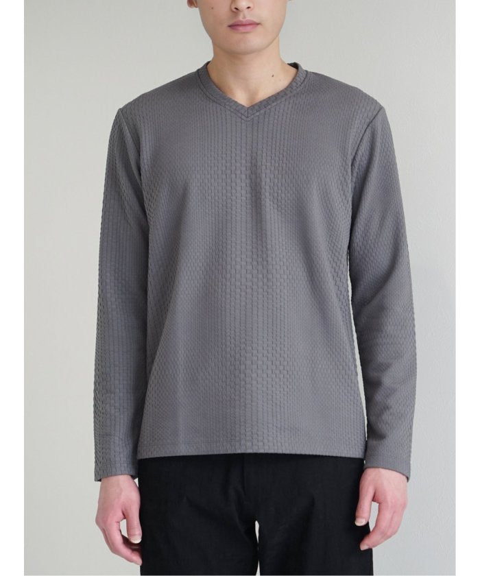 タカキュー TAKA-Q ブロックジャガード Vネック長袖Tシャツ メンズ Tシャツ カットソー カジュアル インナー ビジネス ギフト プレゼント