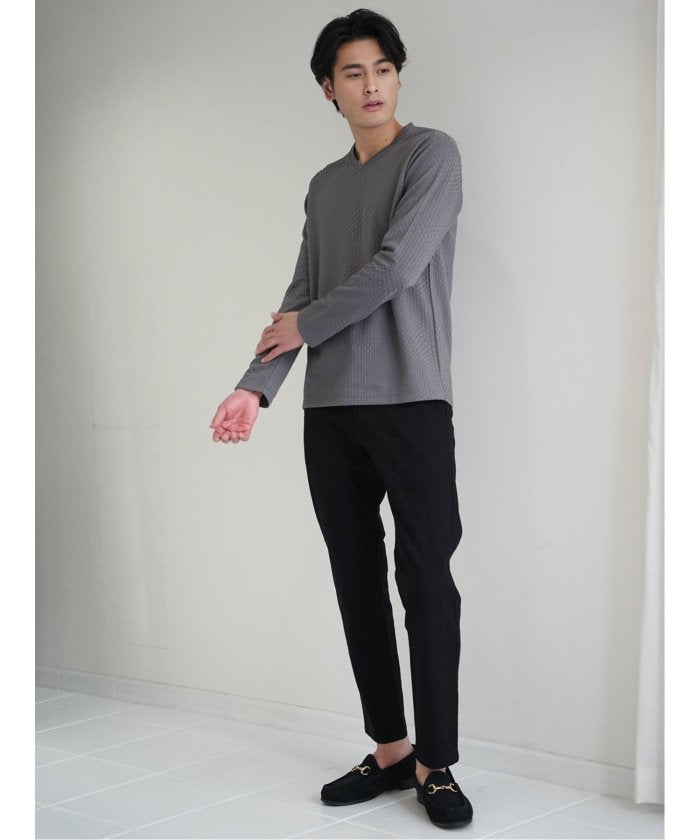 タカキュー TAKA-Q ブロックジャガード Vネック長袖Tシャツ メンズ Tシャツ カットソー カジュアル インナー ビジネス ギフト プレゼント
