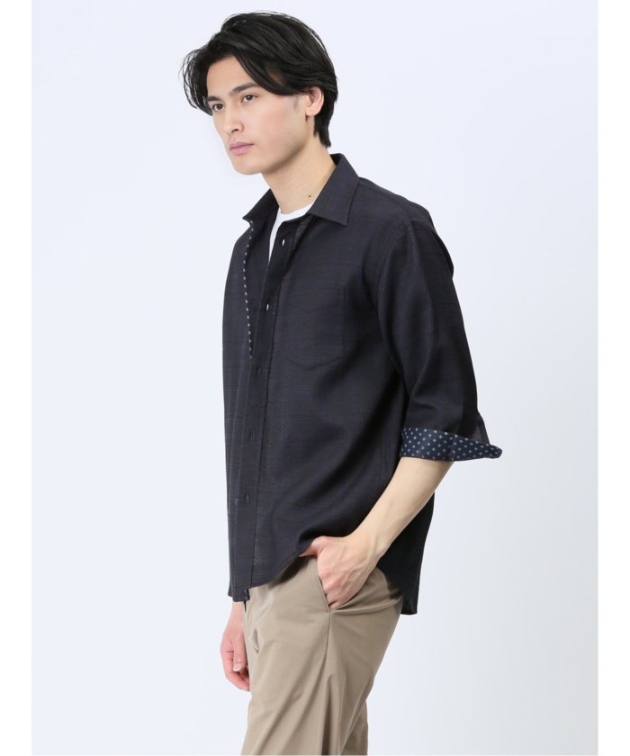 タカキュー TAKA-Q DRY ワッフルチェック レギュラーカラー7分袖シャツ メンズ シャツ カジュアル トップス インナー ギフト プレゼント ライトアウター  アウター （ライトグレー） ライトグレー