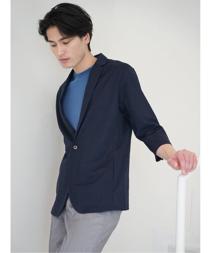 タカキュー TAKA-Q 吸水速乾 グレンチェック 1ボタン7分袖ジャケット メンズ セットアップ ジャケット ビジネス カジュアル アウター ライトアウター 通勤 仕事  （紺） 紺