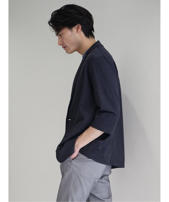 タカキュー TAKA-Q 吸水速乾 グレンチェック 1ボタン7分袖ジャケット メンズ セットアップ ジャケット ビジネス カジュアル アウター ライトアウター 通勤 仕事  （紺） 紺