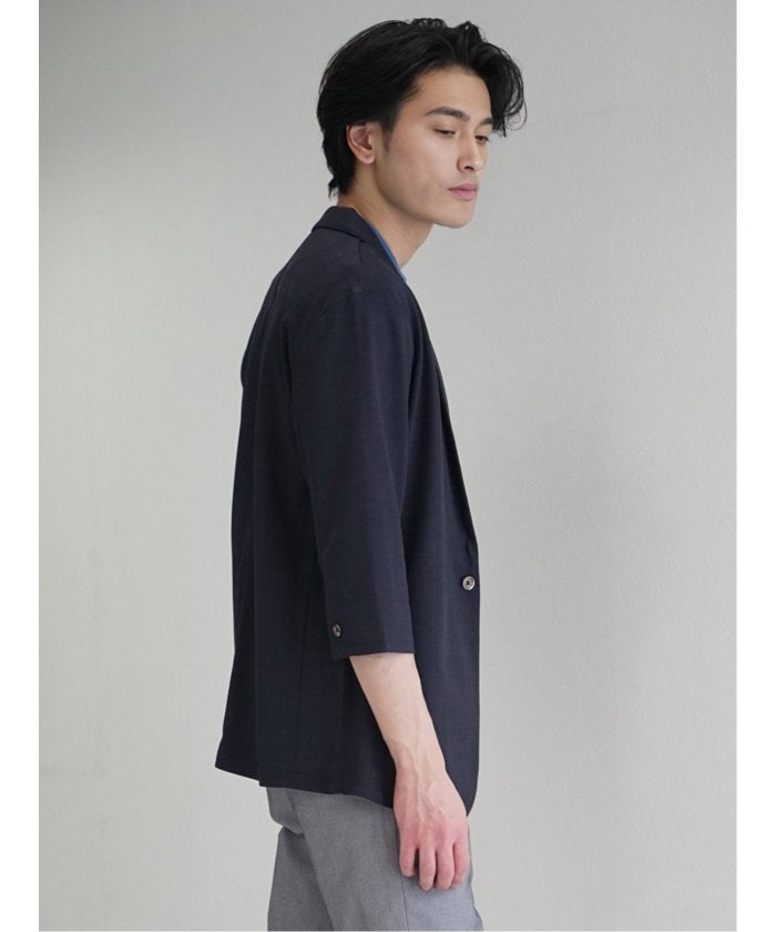 タカキュー TAKA-Q 吸水速乾 グレンチェック 1ボタン7分袖ジャケット メンズ セットアップ ジャケット ビジネス カジュアル アウター ライトアウター 通勤 仕事  （紺） 紺