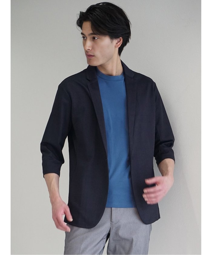 タカキュー TAKA-Q 吸水速乾 グレンチェック 1ボタン7分袖ジャケット メンズ セットアップ ジャケット ビジネス カジュアル アウター ライトアウター 通勤 仕事  （紺） 紺