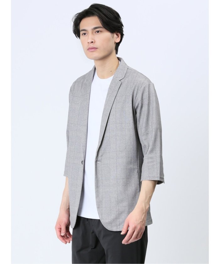 タカキュー TAKA-Q 吸水速乾 グレンチェック 1ボタン7分袖ジャケット メンズ セットアップ ジャケット ビジネス カジュアル アウター ライトアウター 通勤 仕事  （紺） 紺