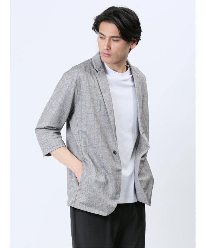 タカキュー TAKA-Q 吸水速乾 グレンチェック 1ボタン7分袖ジャケット メンズ セットアップ ジャケット ビジネス カジュアル アウター ライトアウター 通勤 仕事  （ライトグレー） ライトグレー