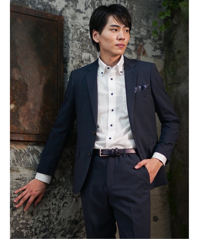 タカキュー TAKA-Q ストレッチウォッシャブル スリムフィット 2ボタン2ピーススーツ 組織青 メンズ セットアップ ジャケット ビジネス カジュアル 通勤 仕事 （青） 青