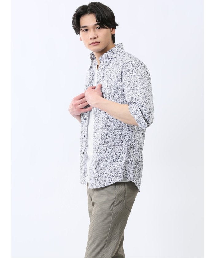 ストレッチ プリント カッタウェイ 7分袖シャツ （紺） メンズ シャツ カジュアル トップス インナー 半袖 5分袖 ギフト プレゼント ライトアウター カーディガン アウター 紺
