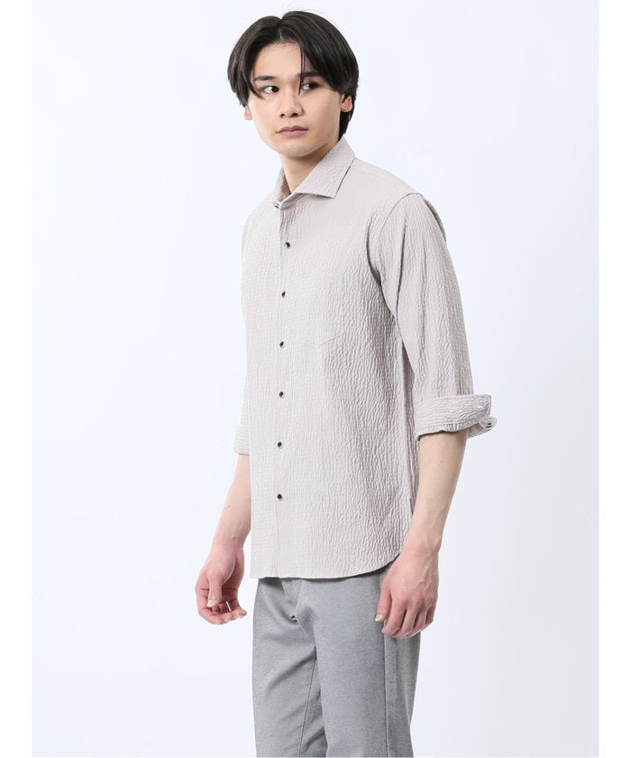 ふくれチェック カッタウェイカラー7分袖シャツ （紺） メンズ シャツ カジュアル トップス インナー 半袖 5分袖 ギフト プレゼント ライトアウター カーディガン アウター 紺