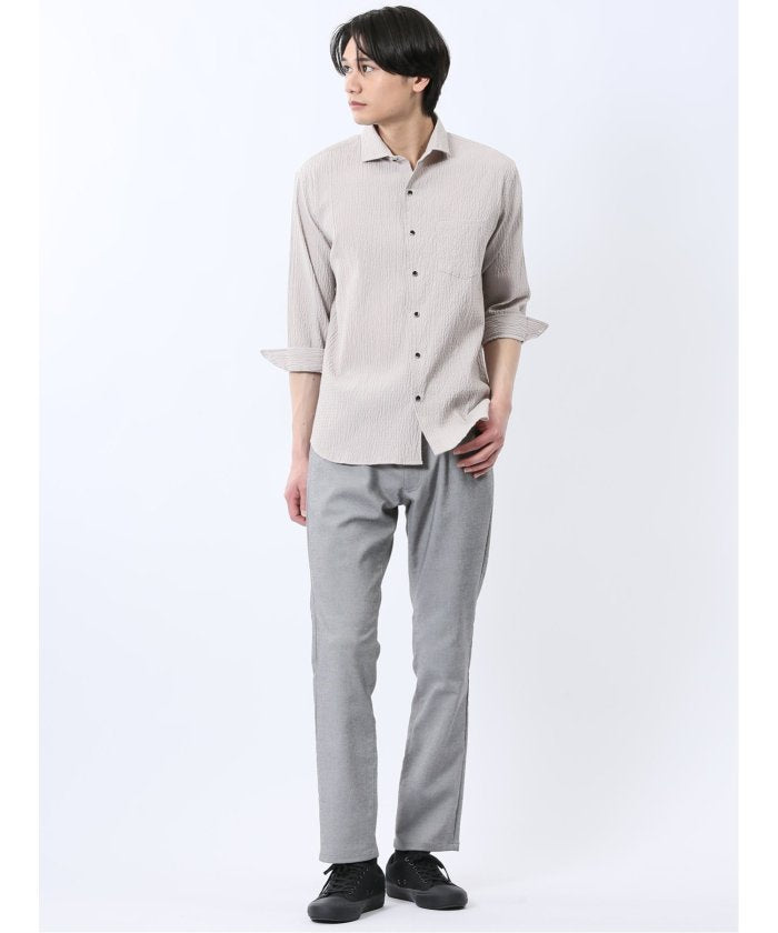 ふくれチェック カッタウェイカラー7分袖シャツ （紺） メンズ シャツ カジュアル トップス インナー 半袖 5分袖 ギフト プレゼント ライトアウター カーディガン アウター 紺