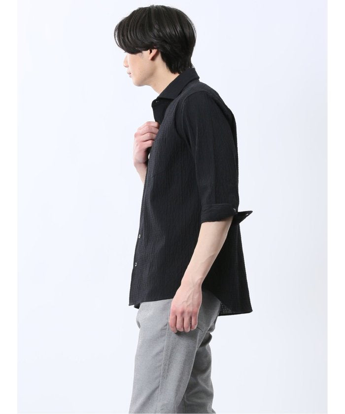 ふくれチェック カッタウェイカラー7分袖シャツ （紺） メンズ シャツ カジュアル トップス インナー 半袖 5分袖 ギフト プレゼント ライトアウター カーディガン アウター 紺