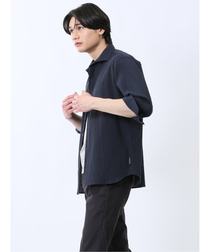 ふくれチェック カッタウェイカラー7分袖シャツ （紺） メンズ シャツ カジュアル トップス インナー 半袖 5分袖 ギフト プレゼント ライトアウター カーディガン アウター 紺