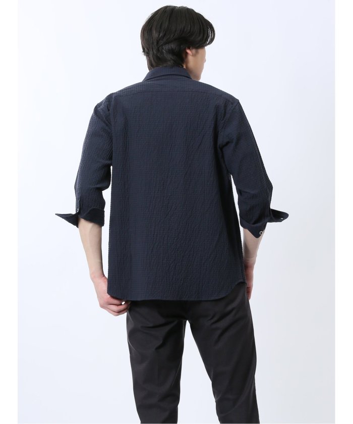 ふくれチェック カッタウェイカラー7分袖シャツ （紺） メンズ シャツ カジュアル トップス インナー 半袖 5分袖 ギフト プレゼント ライトアウター カーディガン アウター 紺