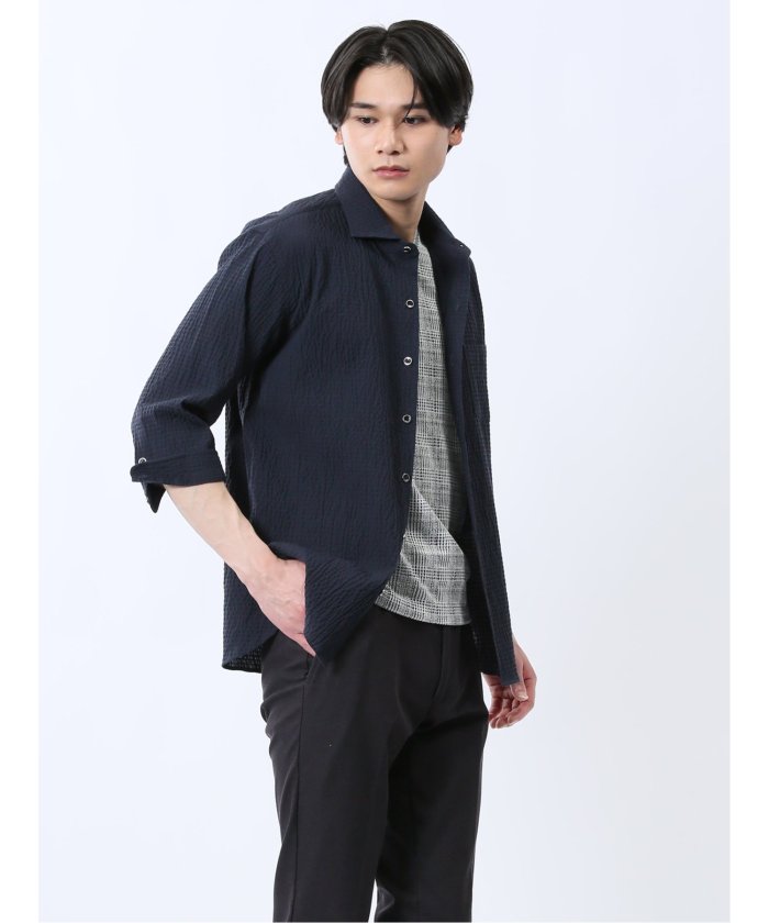 ふくれチェック カッタウェイカラー7分袖シャツ （紺） メンズ シャツ カジュアル トップス インナー 半袖 5分袖 ギフト プレゼント ライトアウター カーディガン アウター 紺
