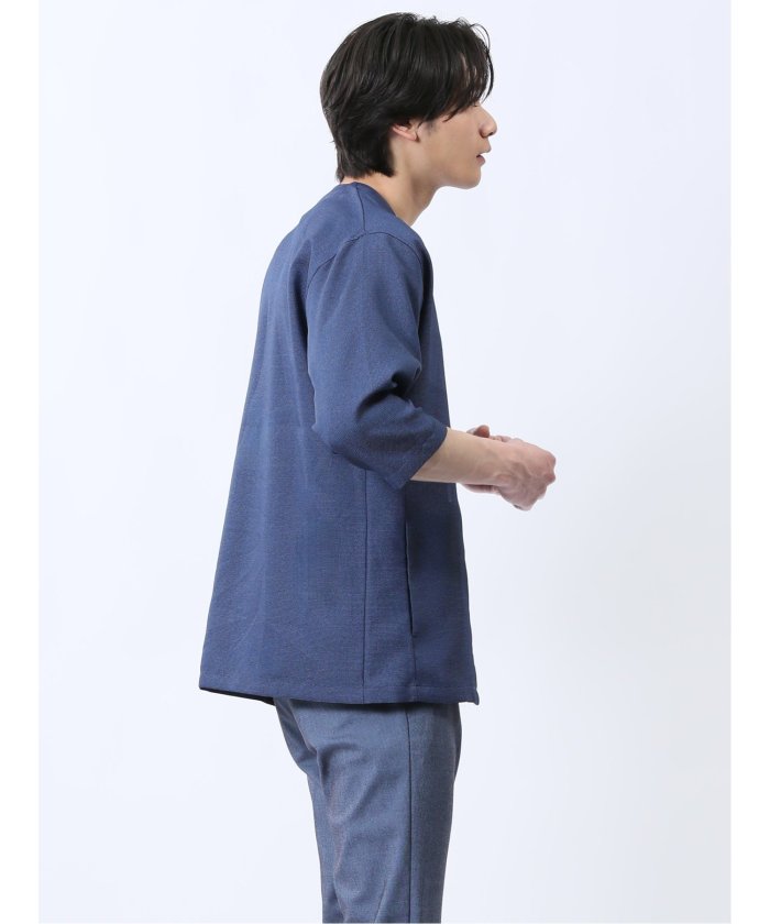 からみ織り ボタンレス 7分袖カーディガン （青） メンズ シャツ カジュアル トップス インナー ギフト プレゼント ライトアウター カーディガン アウター 青