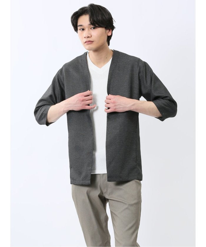 からみ織り ボタンレス 7分袖カーディガン （黒） メンズ シャツ カジュアル トップス インナー ギフト プレゼント ライトアウター カーディガン アウター 黒