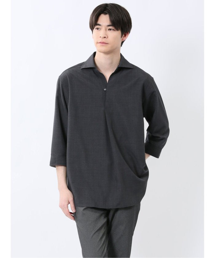 TechLinen プルオーバー 7分袖シャツ （グレー） メンズ シャツ カジュアル トップス インナー 半袖 5分袖 ギフト プレゼント ライトアウター カーディガン アウター グレー