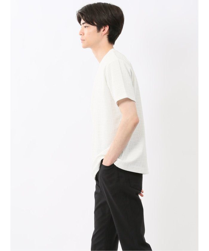 ふくれチェックジャガード クルーネック半袖Tシャツ （ライトグレー） メンズ Tシャツ カットソー カジュアル インナー トップス ギフト プレゼント ライトグレー