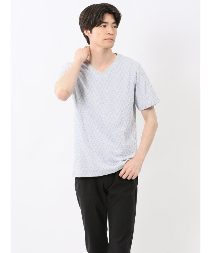 プレーティングジャガード Vネック半袖Tシャツ （ライトグレー） メンズ Tシャツ カットソー カジュアル インナー トップス ギフト プレゼント ライトグレー