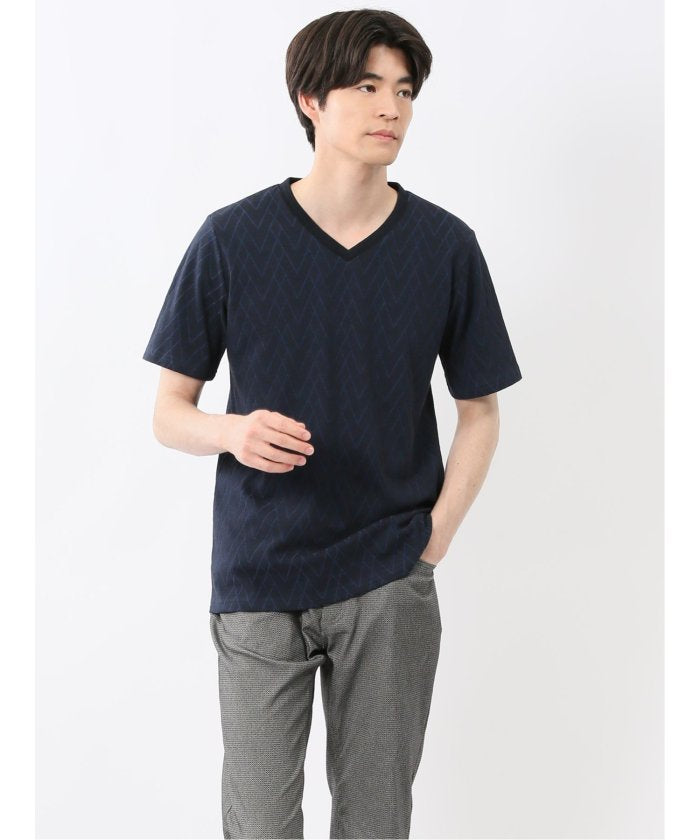 プレーティングジャガード Vネック半袖Tシャツ （紺） メンズ Tシャツ カットソー カジュアル インナー トップス ギフト プレゼント 紺