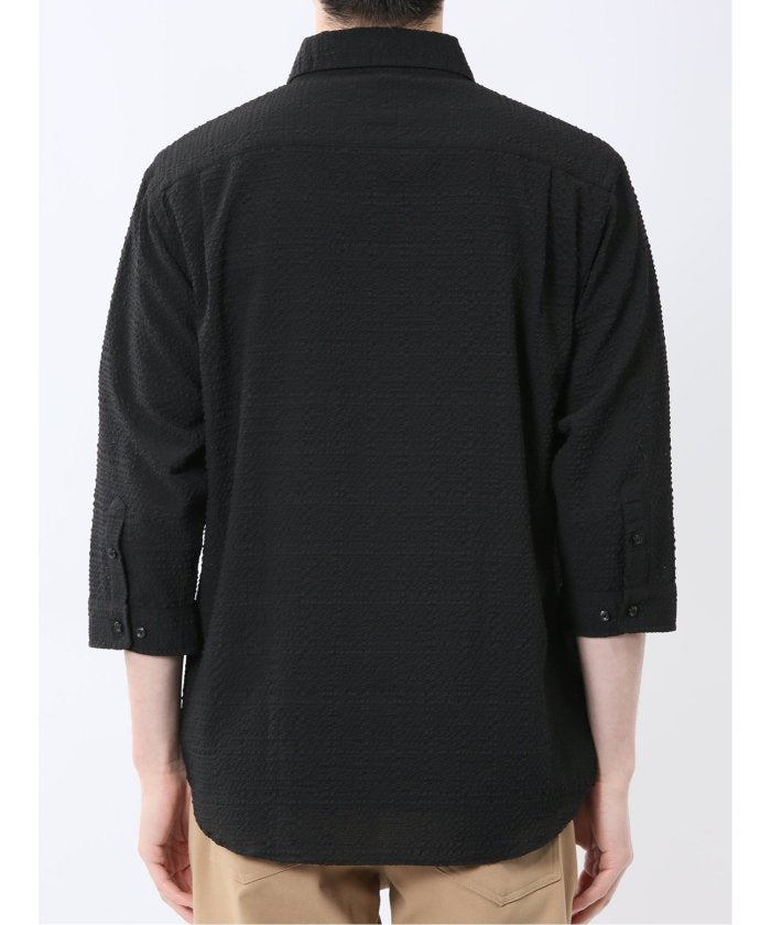 サッカーチェック レギュラーカラー7分袖シャツ （紺） メンズ シャツ カジュアル トップス インナー 半袖 5分袖 ギフト プレゼント ライトアウター カーディガン アウター 紺