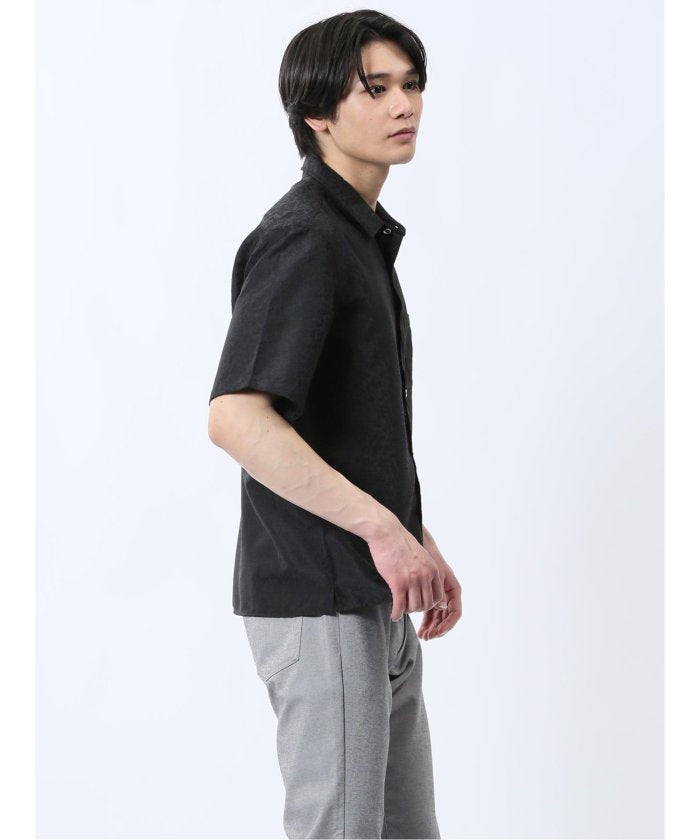 ジャガード レギュラーカラー半袖シャツ （紺） メンズ シャツ カジュアル トップス インナー 半袖 5分袖 ギフト プレゼント ライトアウター カーディガン アウター 紺