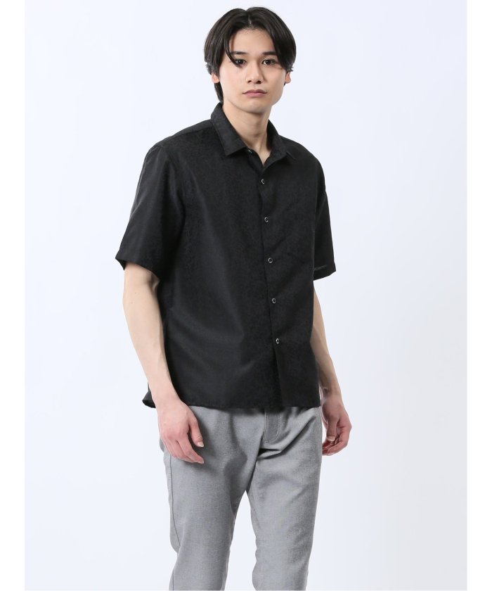 ジャガード レギュラーカラー半袖シャツ （黒） メンズ シャツ カジュアル トップス インナー 半袖 5分袖 ギフト プレゼント ライトアウター カーディガン アウター 黒