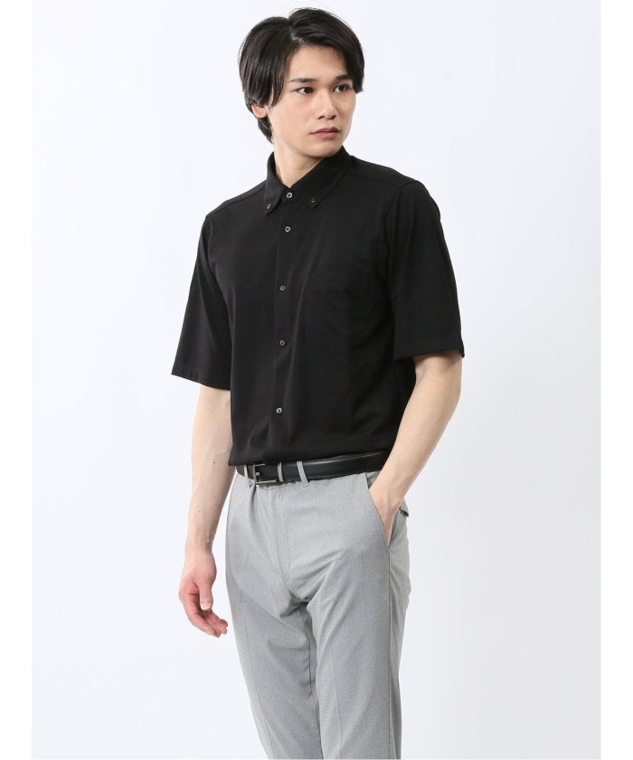 ストレッチ ボタンダウン 半袖シャツ （黒） メンズ シャツ カジュアル トップス インナー 半袖 5分袖 ギフト プレゼント ライトアウター カーディガン アウター 黒