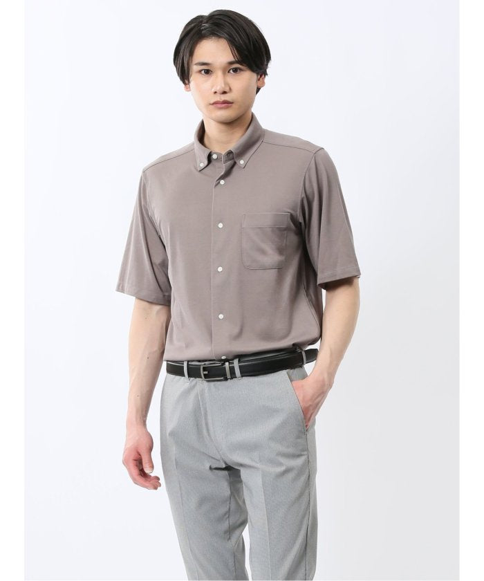 ストレッチ ボタンダウン 半袖シャツ （グレー） メンズ シャツ カジュアル トップス インナー 半袖 5分袖 ギフト プレゼント ライトアウター カーディガン アウター ベージュ