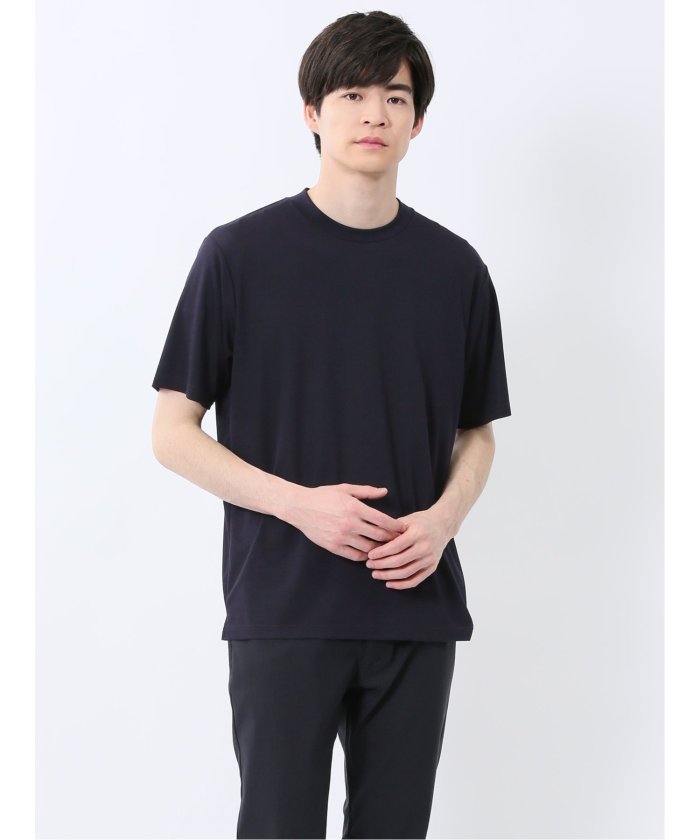 【DRESS TーSHIRT】レーヨン混ストレッチ スロープネック半袖Tシャツ （紺） メンズ Tシャツ カットソー カジュアル インナー トップス ギフト プレゼント 紺