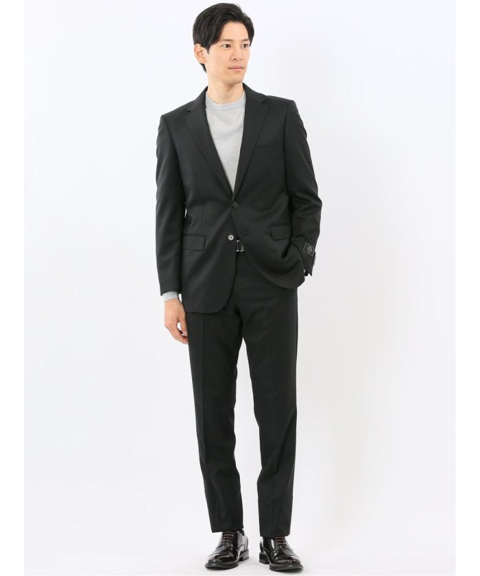 タカキュー TAKA-Q ウール混ストレッチ スリムフィット 2ボタン2ピーススーツ 無地黒 （黒） 黒