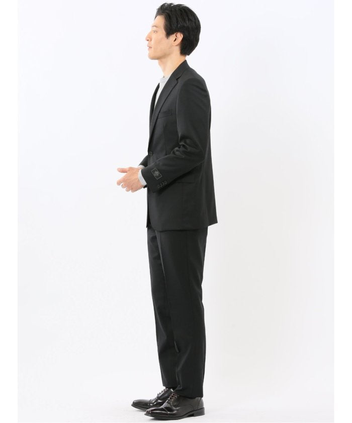 タカキュー TAKA-Q ウール混ストレッチ スリムフィット 2ボタン2ピーススーツ 無地黒 （黒） 黒