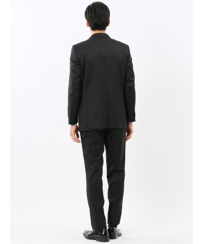 タカキュー TAKA-Q ウール混ストレッチ スリムフィット 2ボタン2ピーススーツ 無地黒 （黒） 黒