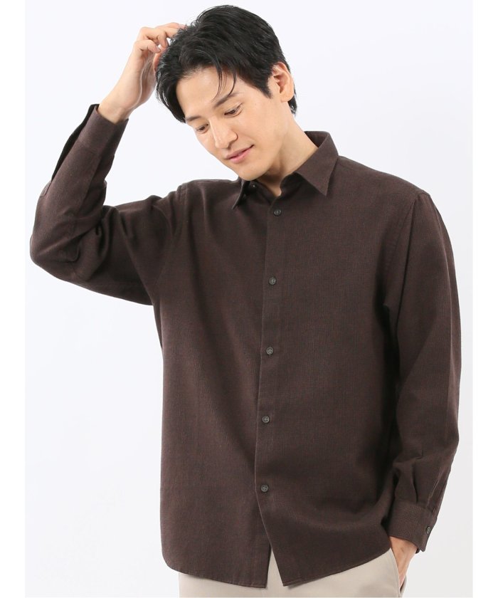 タカキュー TAKA-Q 綿混 起毛ワッフル レギュラーカラー長袖シャツ （茶） 茶