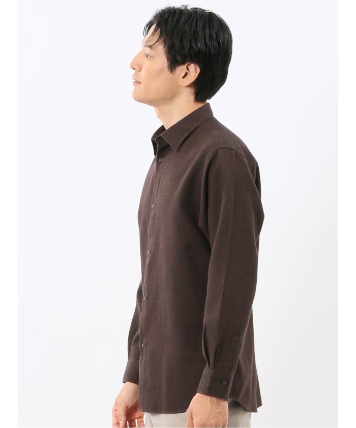 タカキュー TAKA-Q 綿混 起毛ワッフル レギュラーカラー長袖シャツ （茶） 茶