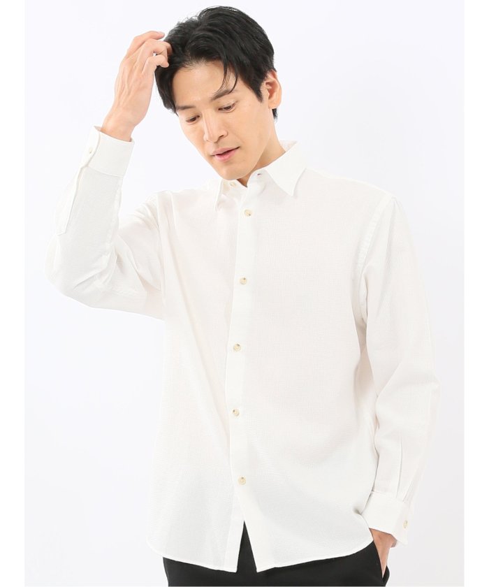 タカキュー TAKA-Q 綿混 起毛ワッフル レギュラーカラー長袖シャツ （白） 白