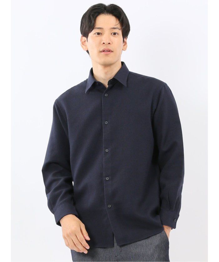 タカキュー TAKA-Q 綿混 起毛ワッフル レギュラーカラー長袖シャツ （紺） 紺