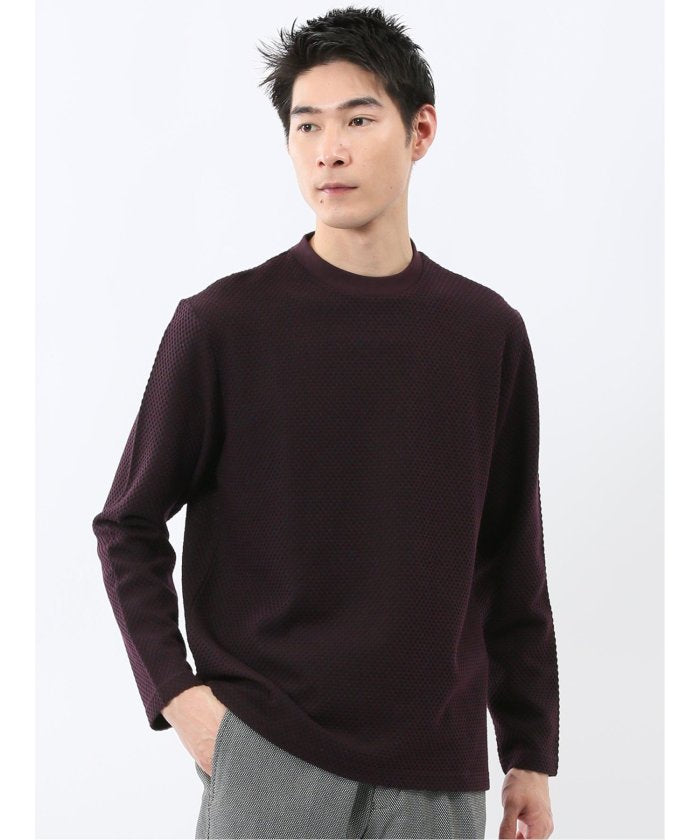 タカキュー TAKA-Q バーズアイジャガード クルーネック長袖Tシャツ （ワイン） ワイン