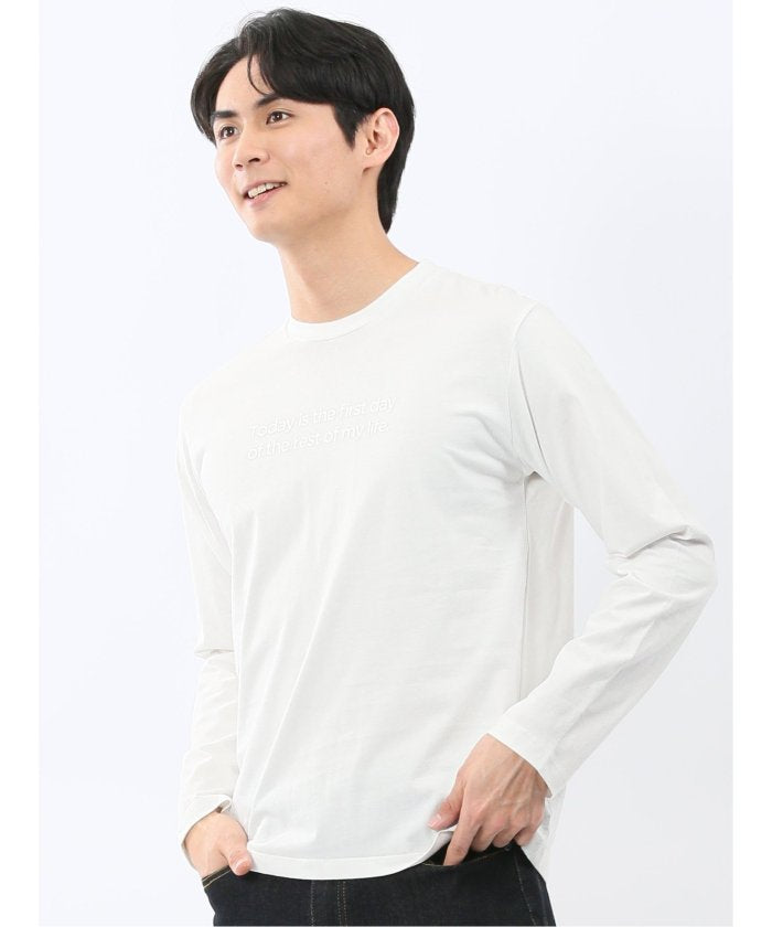 タカキュー TAKA-Q 綿天竺 メッセージロゴ クルーネック長袖Tシャツ （白） 白