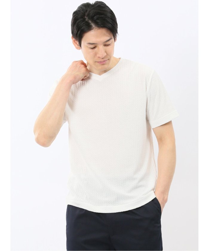 タカキュー TAKA-Q 市松 ジャガード Vネック 半袖 Tシャツ （白） 白