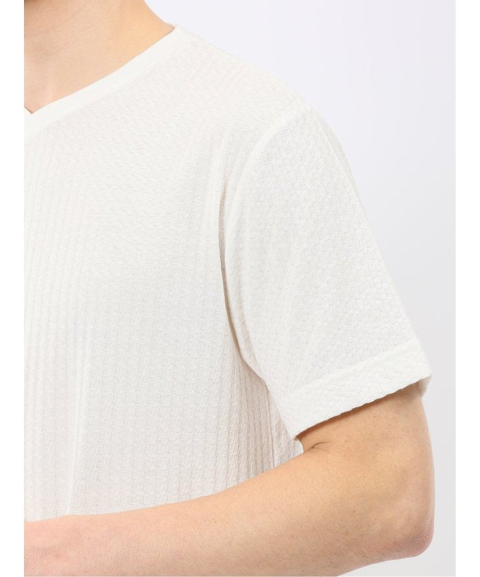 タカキュー TAKA-Q 市松 ジャガード Vネック 半袖 Tシャツ （白） 白
