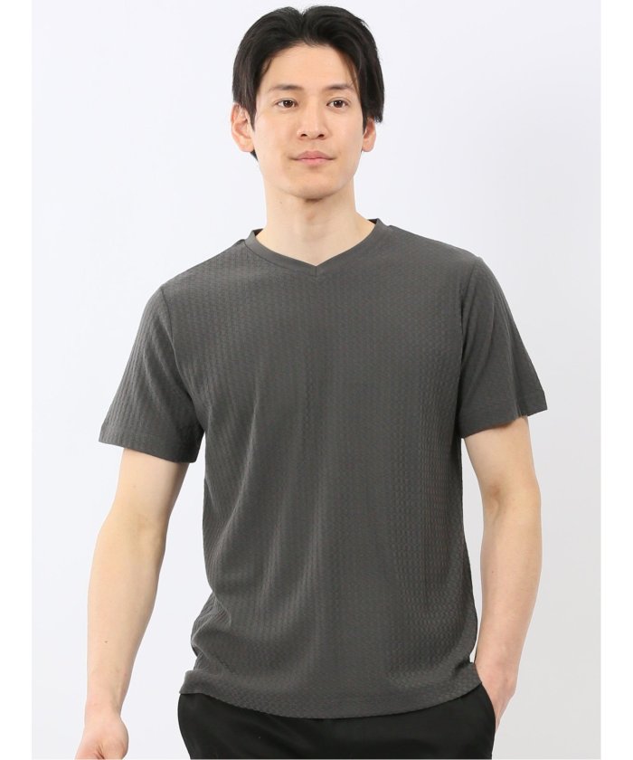 タカキュー TAKA-Q 市松 ジャガード Vネック 半袖 Tシャツ （グレー） グレー