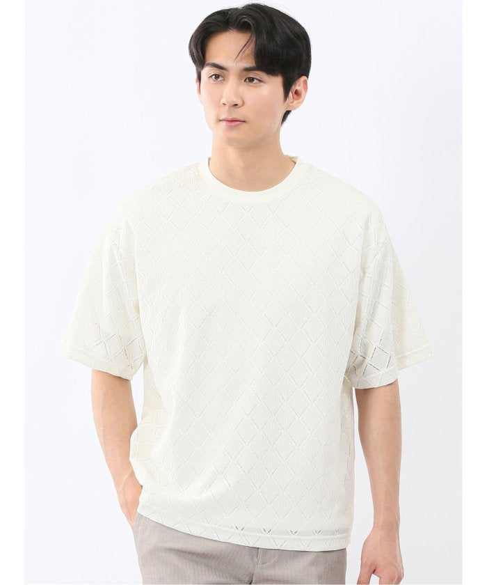 タカキュー TAKA-Q ダイヤ柄 クルー プルオーバー & 半袖 Tシャツ アンサンブル （アイボリー） アイボリー