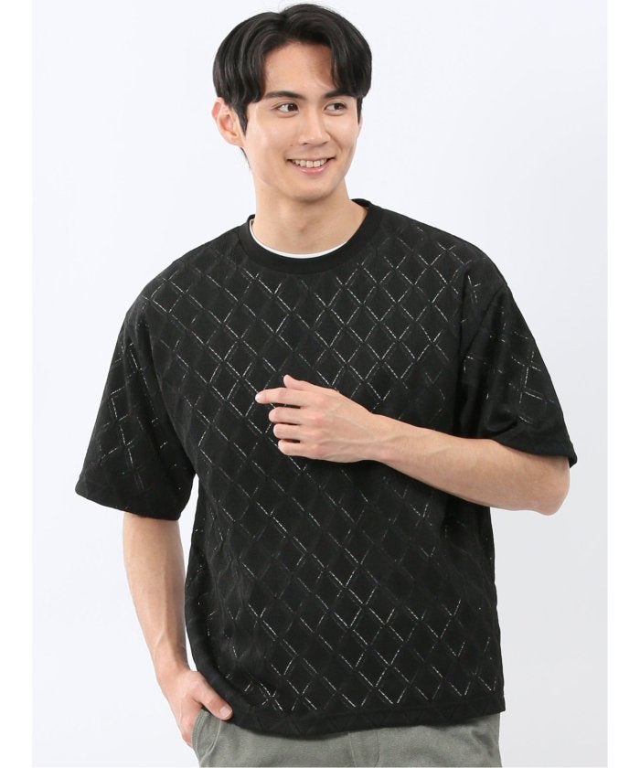 タカキュー TAKA-Q ダイヤ柄 クルー プルオーバー & 半袖 Tシャツ アンサンブル （黒） 黒