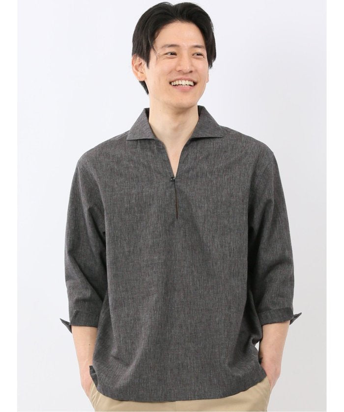 タカキュー TAKA-Q リネン混 プルオーバー 7分袖 シャツ （グレー） グレー