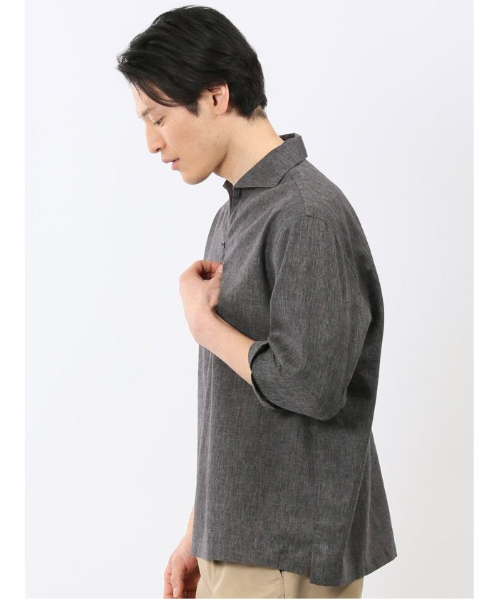 タカキュー TAKA-Q リネン混 プルオーバー 7分袖 シャツ （グレー） グレー
