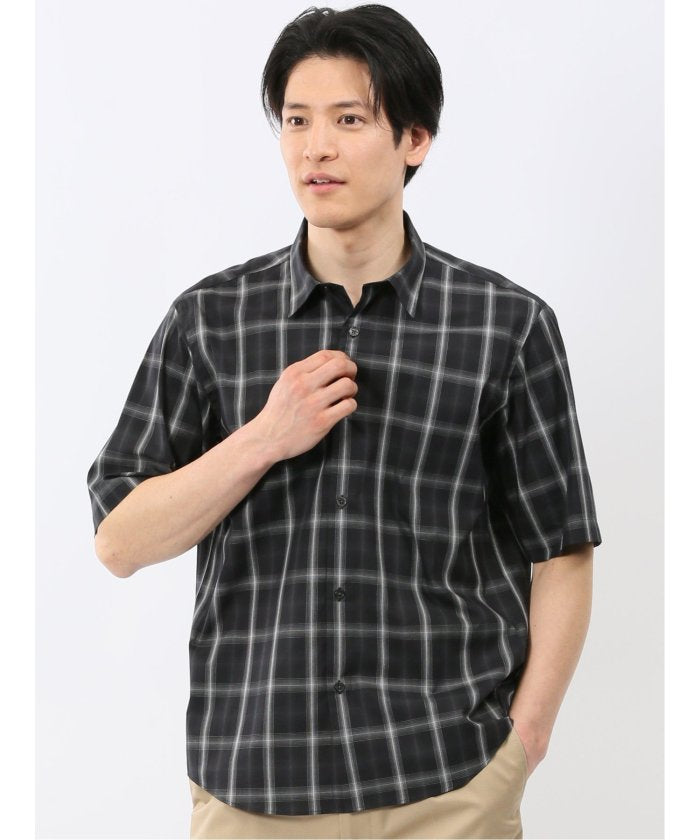 タカキュー TAKA-Q ストレッチ 綿 ブロード チェック レギュラーカラー 半袖 シャツ （黒） 黒